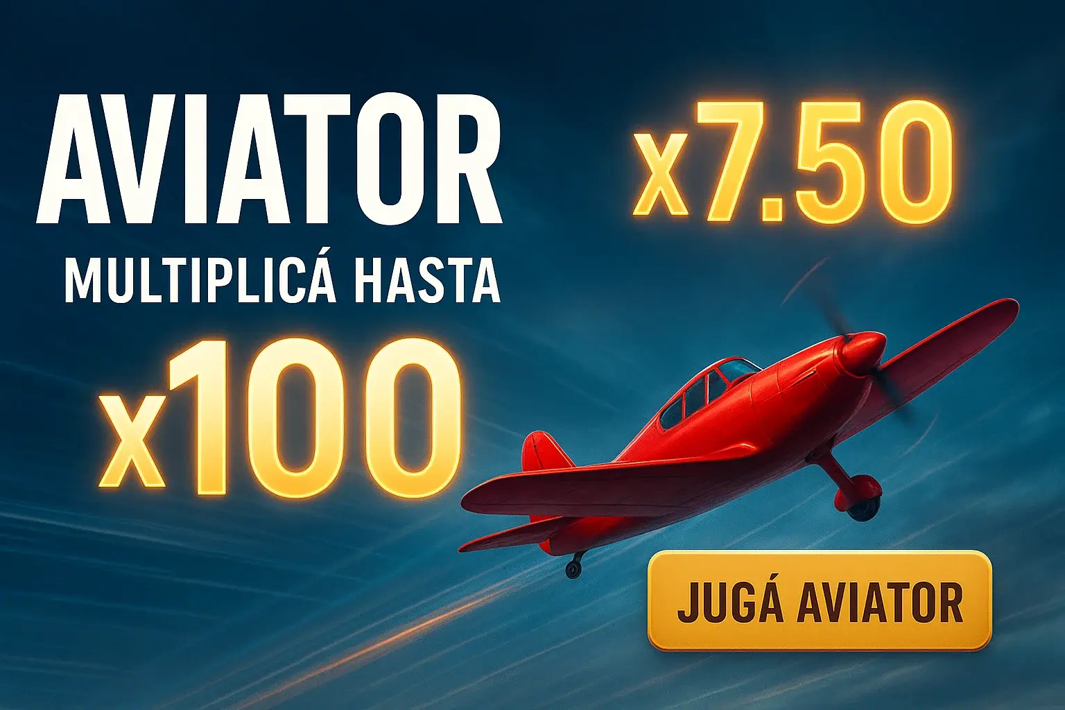 Banner Aviator con avión rojo, cielo oscuro y multiplicador x7.50 brillante