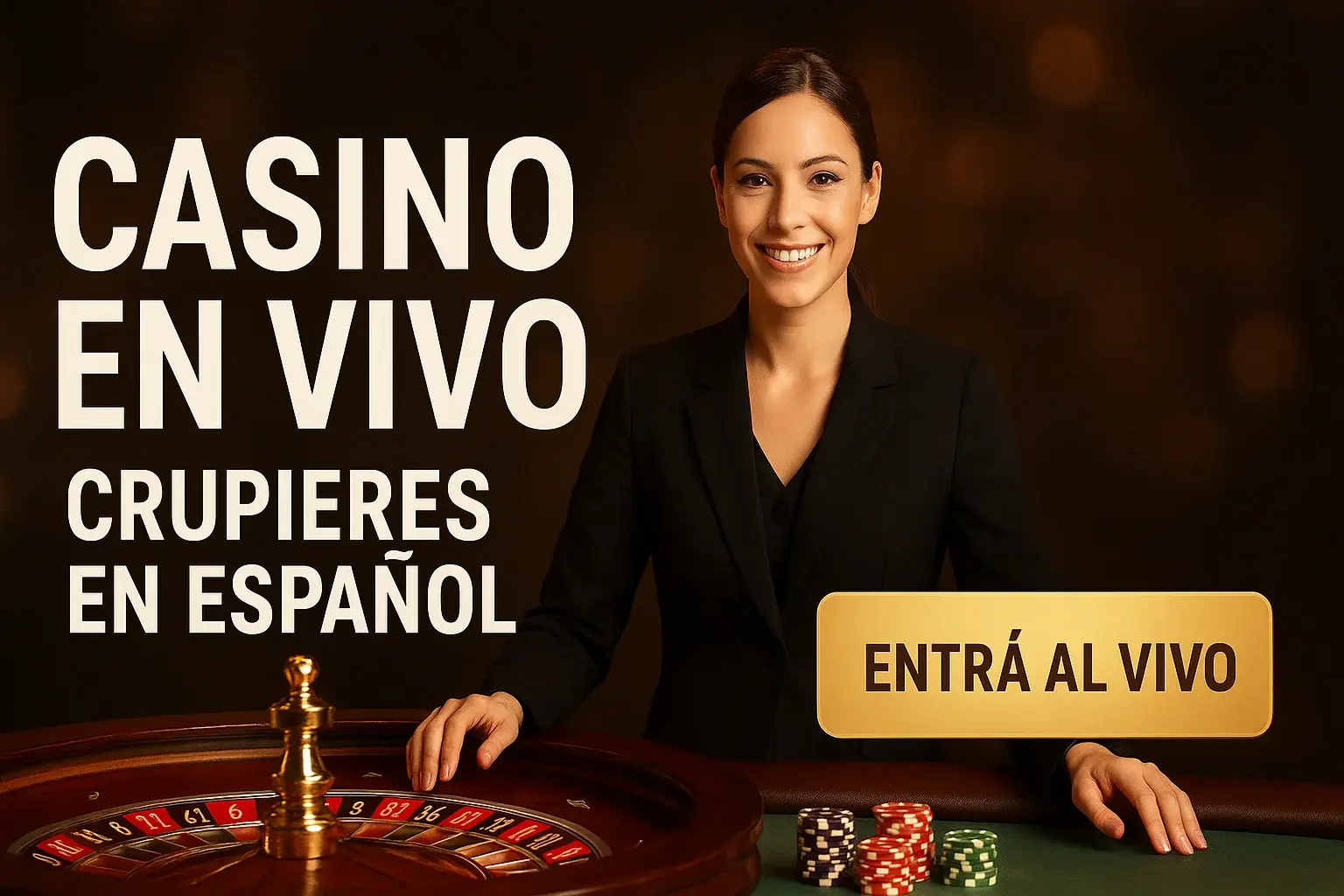 Banner casino en vivo con crupier en español, ruleta y botón Entrá al vivo