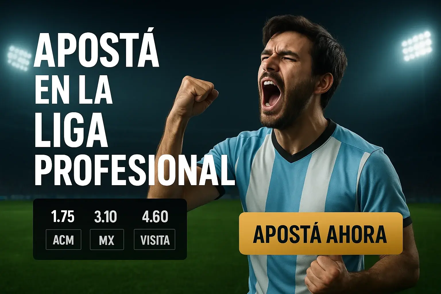 Banner de apuestas con hincha argentino celebrando y botón Apostá Ahora